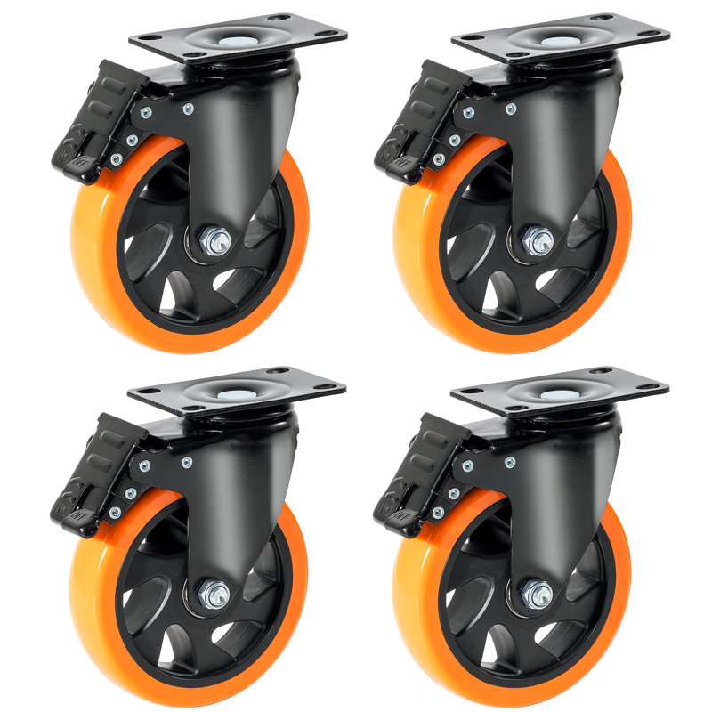 Heavy Duty 5-Inch Orange and Black PVC Swivel Plate Casters Set of 4
