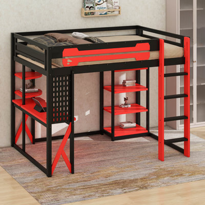Full Size Wood Loft Bed With LED, Desk And Shelves, Wood Gaming Loft Bed