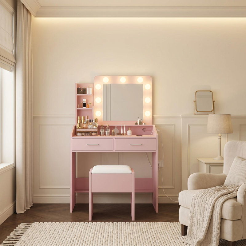 Ensemble de coiffeuse avec grand miroir et tabouret rembourré pour la chambre à coucher, Pink