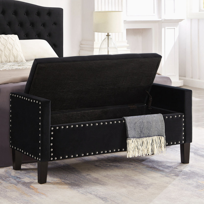 Upholstered Tufted Button Storage Bench With Nails Trim,Entryway Living Room Soft Padded Seat With Armrest,Bed Bench , Black