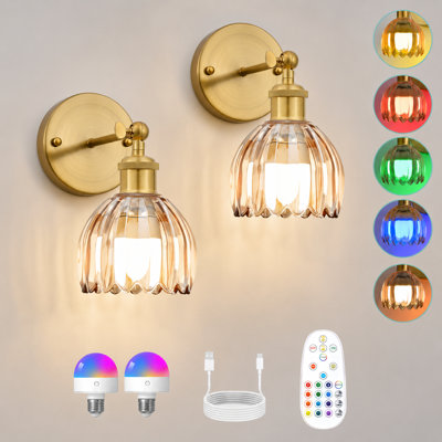 Rgb Rechargeable Wall Sconce With Amber Tulip Glass,Multifunctional Gold Wireless Wall Sconces((Set Of 2)