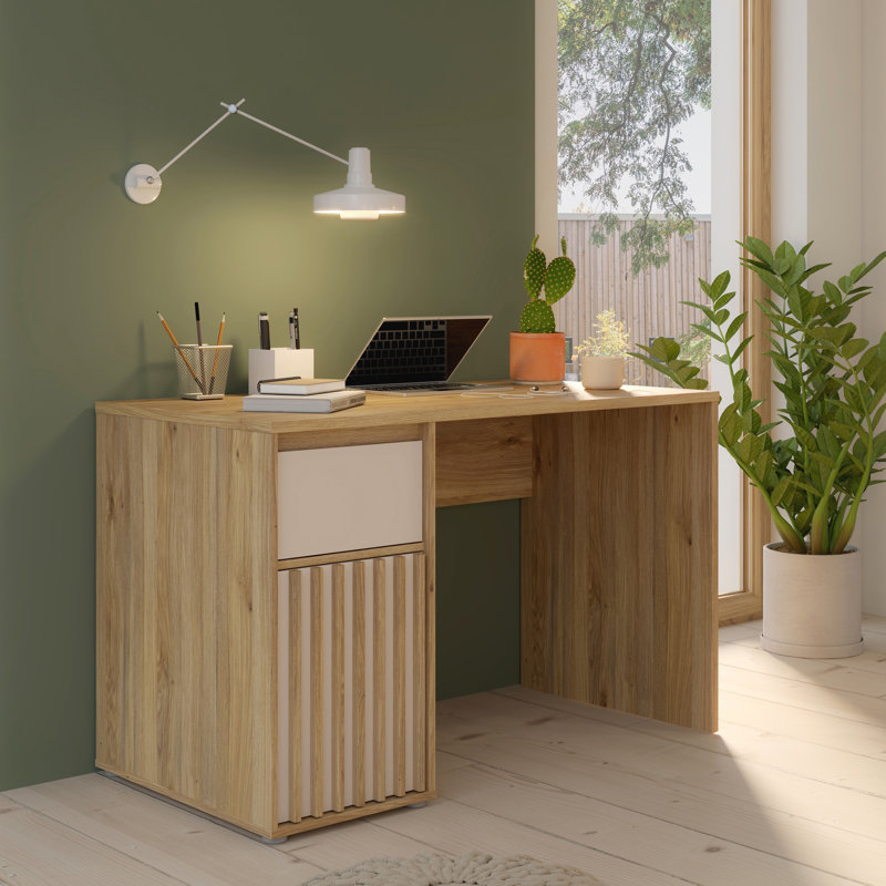 Scandi Style Desk with 1 Door and 1 Drawer, Slatted Details, Youth Room, Home Office, Engineered Wood, Warm Oak Decor/Beige, 120 cm W x 74.4 cm H x 60 cm D