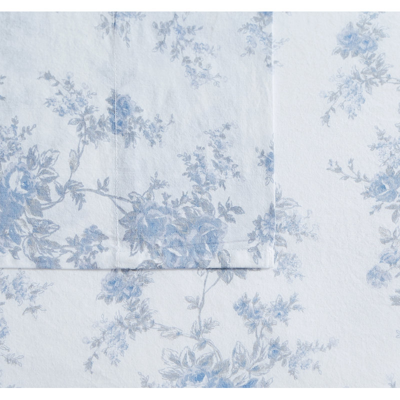 King White and Blue Cotton Floral Percale Sheet Set