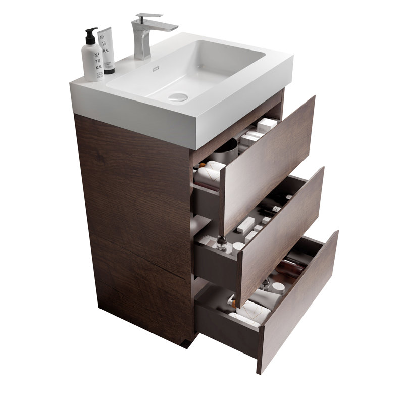 Meuble-lavabo sur pied simple de 24 po avec lavabo à surface solide avec trop-plein Deandrick, pré-assemblé, Noyer, 24"