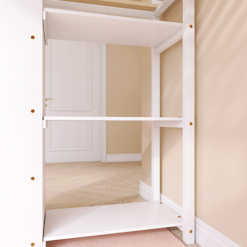Lit mezzanine simple à structure en bois avec tiroirs de rangement, bureau et escalier, Blanc