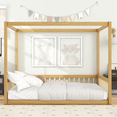 Full Size Canopy Frame Rubber Wood Floor Bed With Fence,Guardrails by Latitude Run