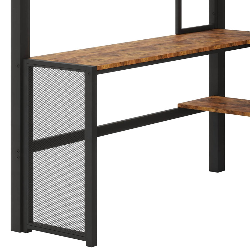 Lit mezzanine spacieux en métal avec bureau intégré, garde-robe et étagères