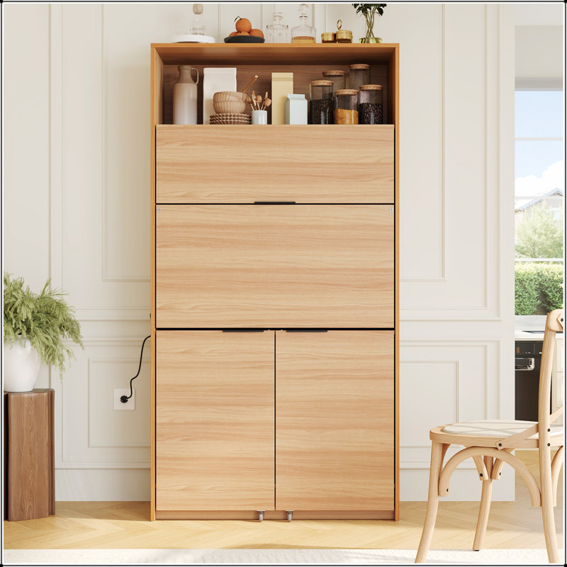 Garde-manger compact, buffet de 69 po de hauteur avec huche et poste de travail pliable, armoire de rangement multifonctionnelle avec tablette réglable et prise de courant