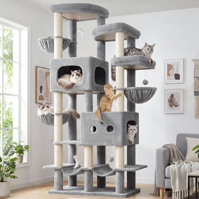 Arbre à chat Xxl Giant, tour pour chat de 81 po de hauteur pour chats adultes, 10 poteaux à griffer en jute, 3 paniers suspendus, 2 plateformes, hamac connecté, S81, gris clair