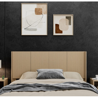 Modern Farmhouse Queen Headboard - 64.4" Wide Natural Oak Wood, Wall Mounted Fluted Panel, Wingback Boho Style for Bedroom Decor (Queen Size, Headboard Only)