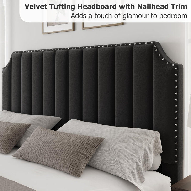Platform Bed Frame with 50.2" Headboard, Velvet Upholstered Bed Frame with Vertical Channel Tufted Headboard & Footboard, Nailhead Trim, No Box Spring Needed