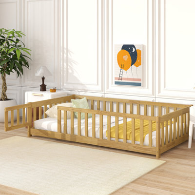 Twin Size Floor Bed With Fence And Door,Rubber Wood Floor Bed With Safety Guardrails,Natural