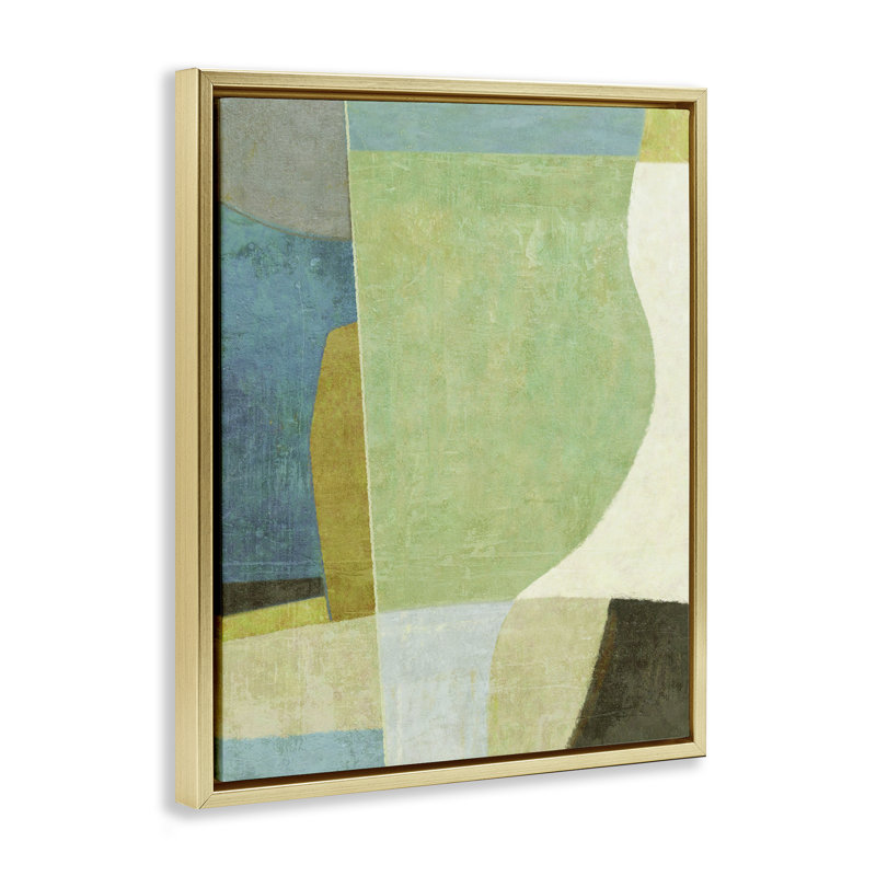 Art mural sur toile "Green Geometric Collage" par Suzanne Nicoll, H 31 po x l 25 po, Cadre flottant métallique doré