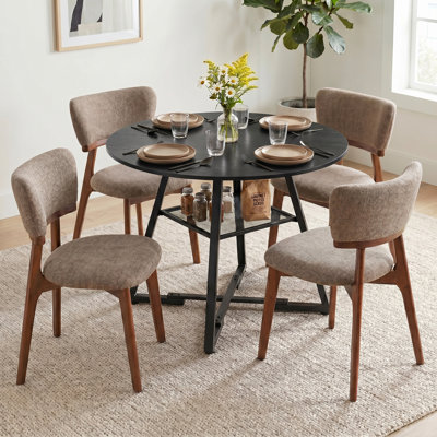 Industrial Round 42in Black Dining Table & 4-piece Brown Upholstered Solid Wood Dining Chair, Fixed Kitchen Table With Mesh Storage Shelf And Cross Le