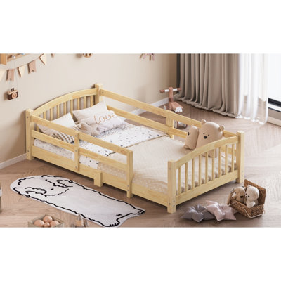 Twin Montessori Floor Bed with Slats and Safety Guardrails, Solid Wood Floor Bed with Fence and Without Door, Easy Assemble Montessori Bed for Girls and Boys, Natural
