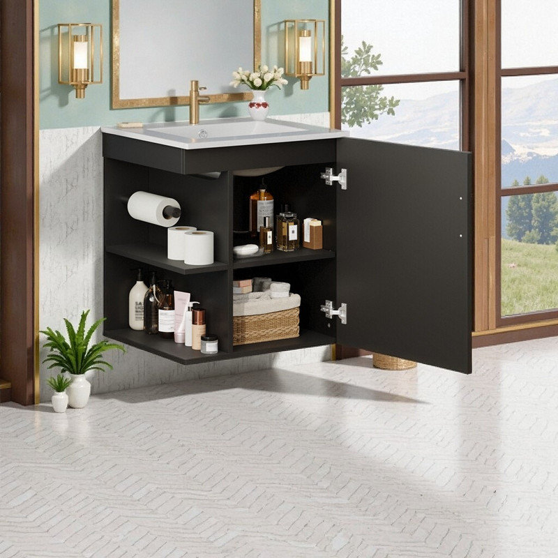Ensemble 20 pièces de meuble-lavabo mural avec lavabo en céramique et portes à fermeture en douceur, Noir
