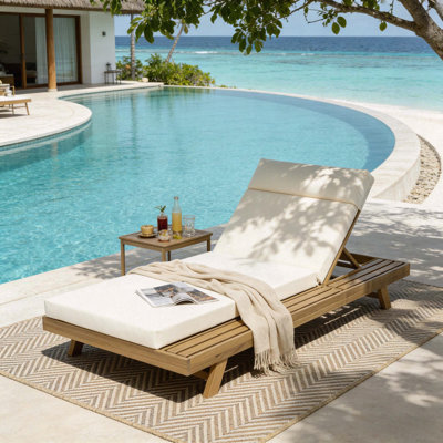 Lounge Chaise Set with Headrest, Acacia Wood Outdoor Recliner with Tri-Fold Cushion