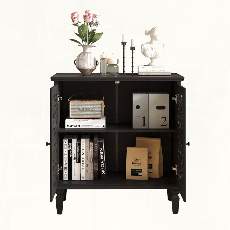 Vintage Accent Cabinet with Floral Hollow-Carved Doors and Adjustable Shelf, Black