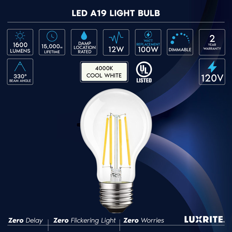12 watts, ampoule DEL intelligente A19, à intensité variable, base blanche réglable, 4000