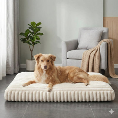 Substantial Flat Dog Bed for Larger Breeds, Featuring Detachable Machine-Washable Exterior Cover, Pet Mat with Thick Shredded Foam Infill and Non-Slip Base for Interior Use, Dimensions 35 by 23 by 4 Inches, Cream Color