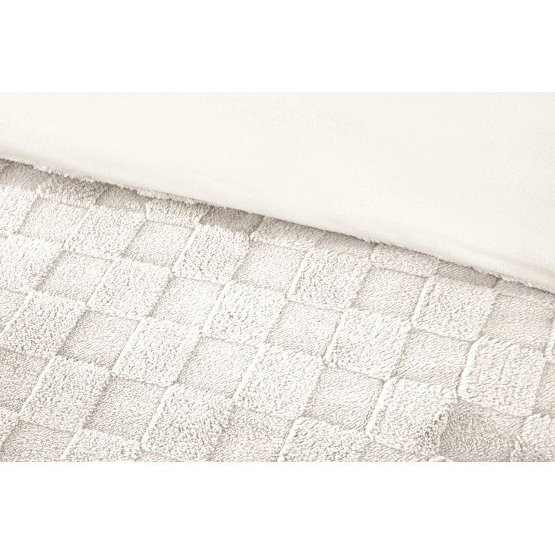 Luxury Check Teddy Fleece Polyester Chequered Duvet Cover Set with Pillowcases Included, Cream Chequered