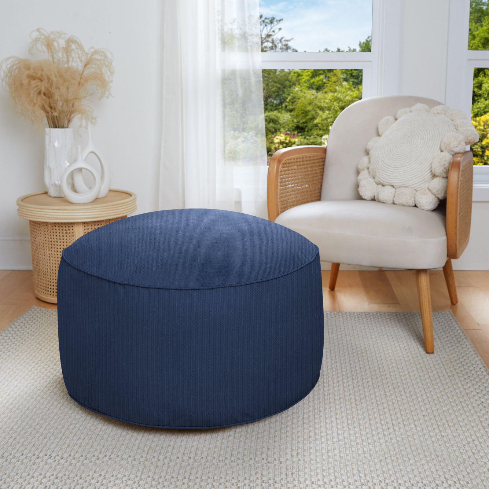 Demi Round Upholstered Outdoor Ottoman with Sunbrella® Cushion, Navy Sunbrella®