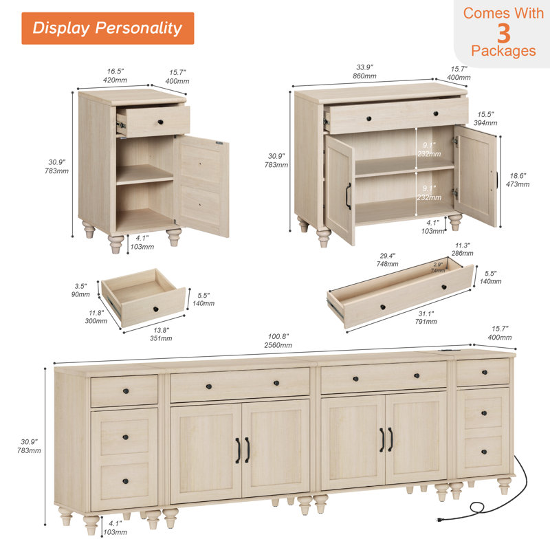 Scarlett Kitchen Buffet Sideboard Cabinet With 2 Drawers And 4 Doors, Mid-Century Cupboard & End Table With Charging Station