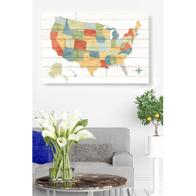 map U.S. Map On Barn Board, United States, Colorful States, Compass, Red, Yellow, Green, Teal, On White, Cream