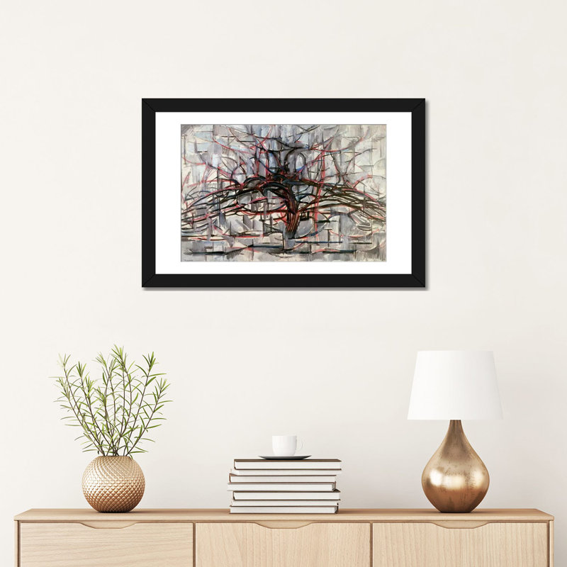 «Tree» par Piet Mondrian, reproduction d'art sur toile tendue, H 24 po x l 32 po x P 1 po, Papier avec cadre noir, Blanc