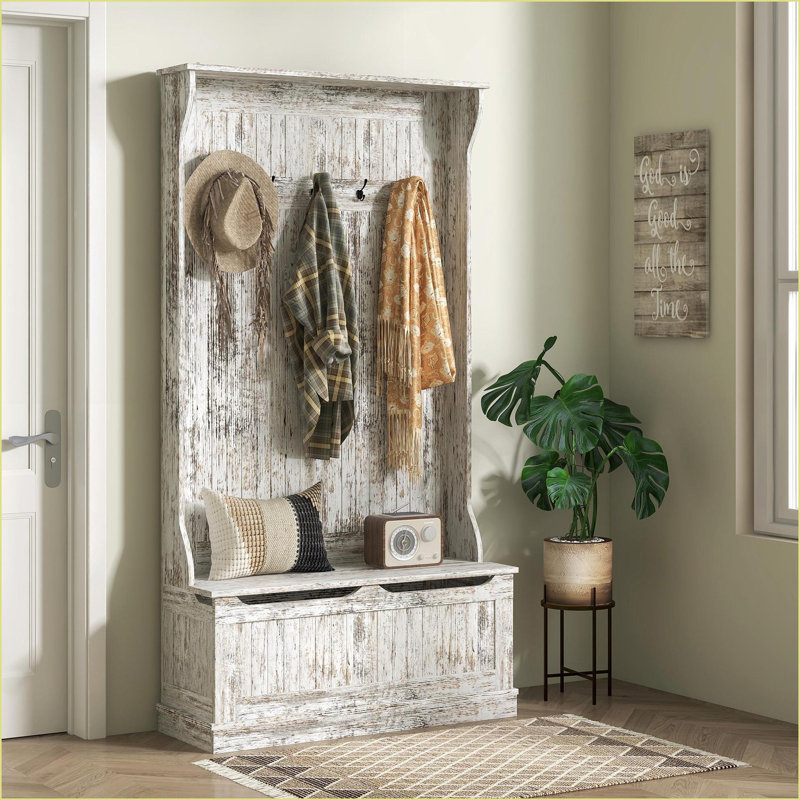 Arbre d'entrée avec banc de rangement, portemanteau 3 en 1, 5 crochets doubles et amp; Rangement pour chaussures, blanc vieilli | Blanc | Portemanteaux