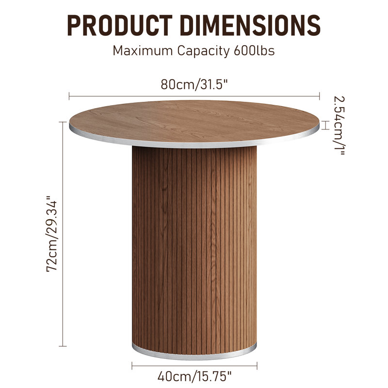 80cm Modern Round Dining Table with Fluted Pedestal , Walnut