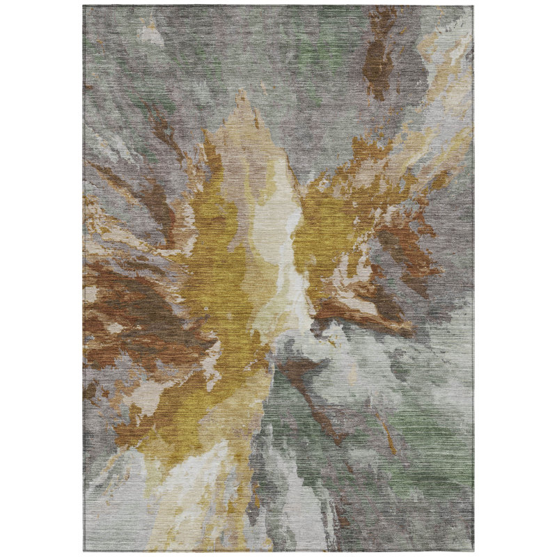 Tapis intérieur lavable abstrait doré et gris 8 pi x 10 pi