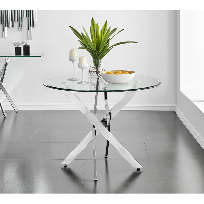 Tierra Modern Chrome Metal & Glass Round Dining Table Set with 4 Modern Design Faux Leather Chairs, Mustard