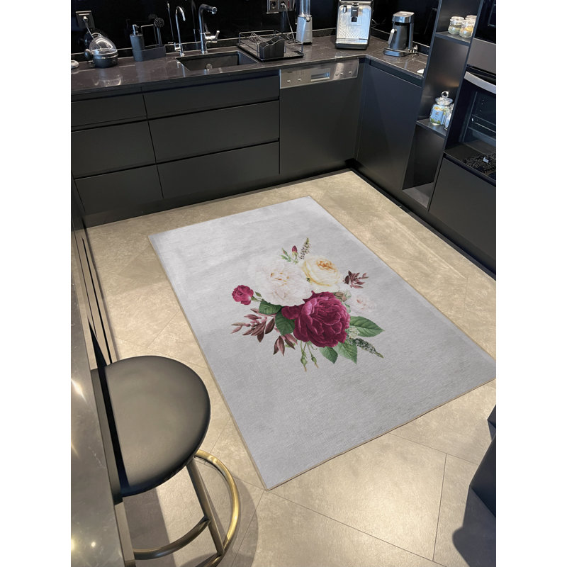 Tapis décoratif moderne à motif de feuilles et de roses mauves à motif beige, Rectangle 3 pi 11,24 po x 5 pi 10,87 po
