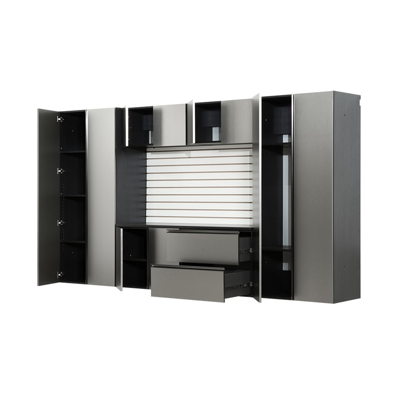 128 po X 72 po 20 po Armoire de garage - série. Fixation murale, portes et tiroirs à fermeture en douceur, rangement extra profond, chaleur de l'eau, Stain Scratch Series 7, gris métallique, fermeture, finition