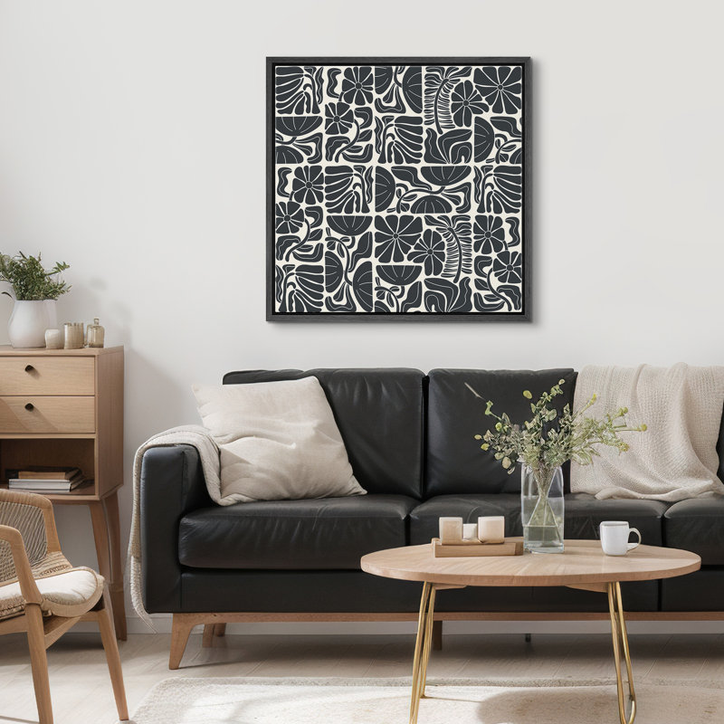 Abstarct botanique noir et beige, Cadre flottant noir, H 24 po x l 24 po
