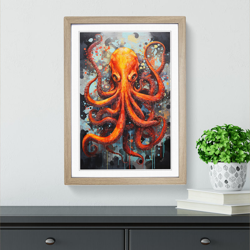 Octopus Modern - Single Picture Frame Print on Wood, 34cm H x 25cm W x 2cm D, Oak 