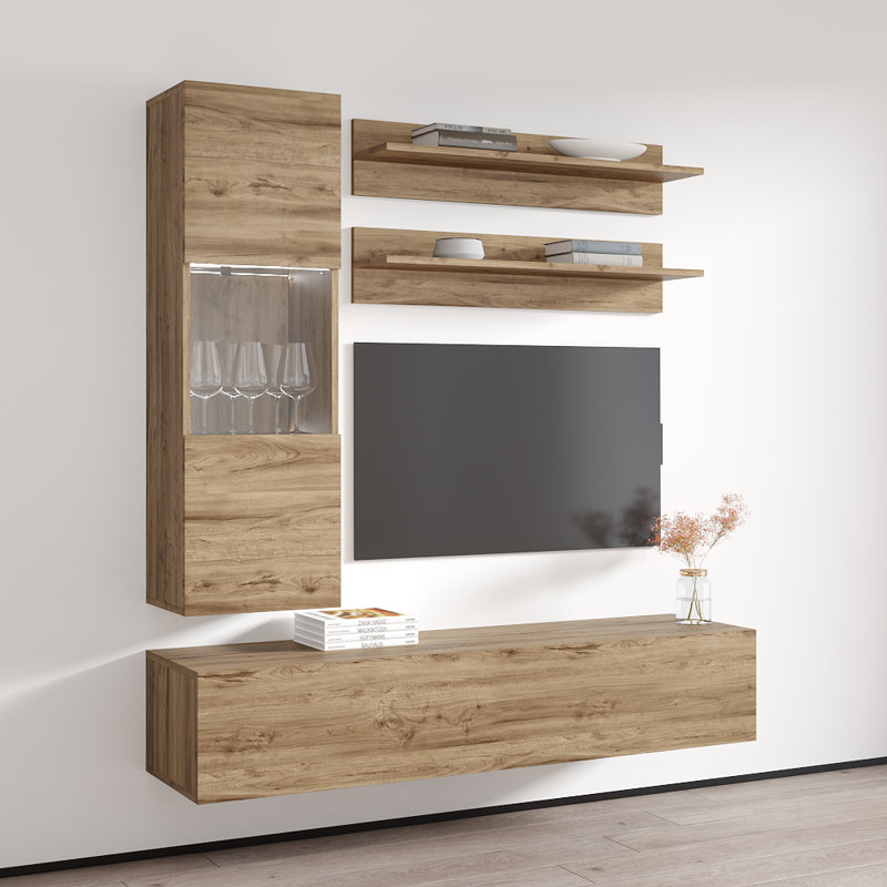 Wacker 63" Modern Floating Wall Mounted Entertainment Center with 16-Color LED Lighting, High Gloss Finish, Oak