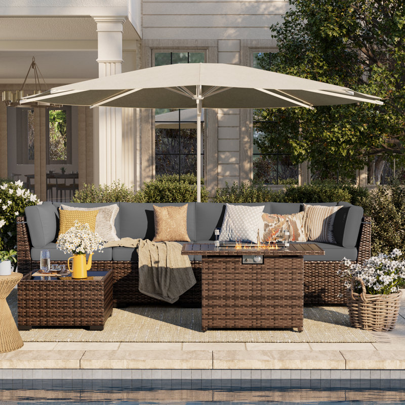 Bhairavi Wicker - Person Modular Patio Conversation Set with Cushions, Gray, 4