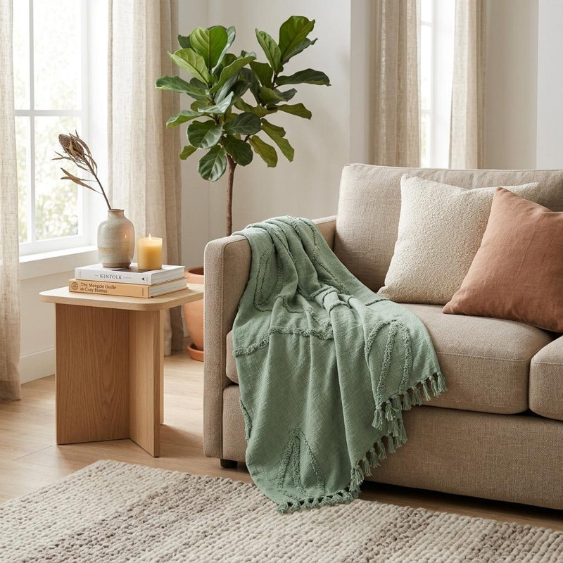 Jeté vert tissé 100% coton texturé