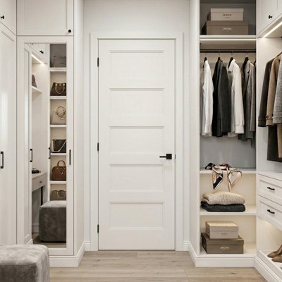 Porte intérieure pré-suspendue à droite 32 po x 80 po avec ensemble de poignées démontables et charnières noires mates, porte intérieure à 5 panneaux creux avec alésage et charnière pour la salle de bain, le garde-manger, la porte intérieure de la buanderie