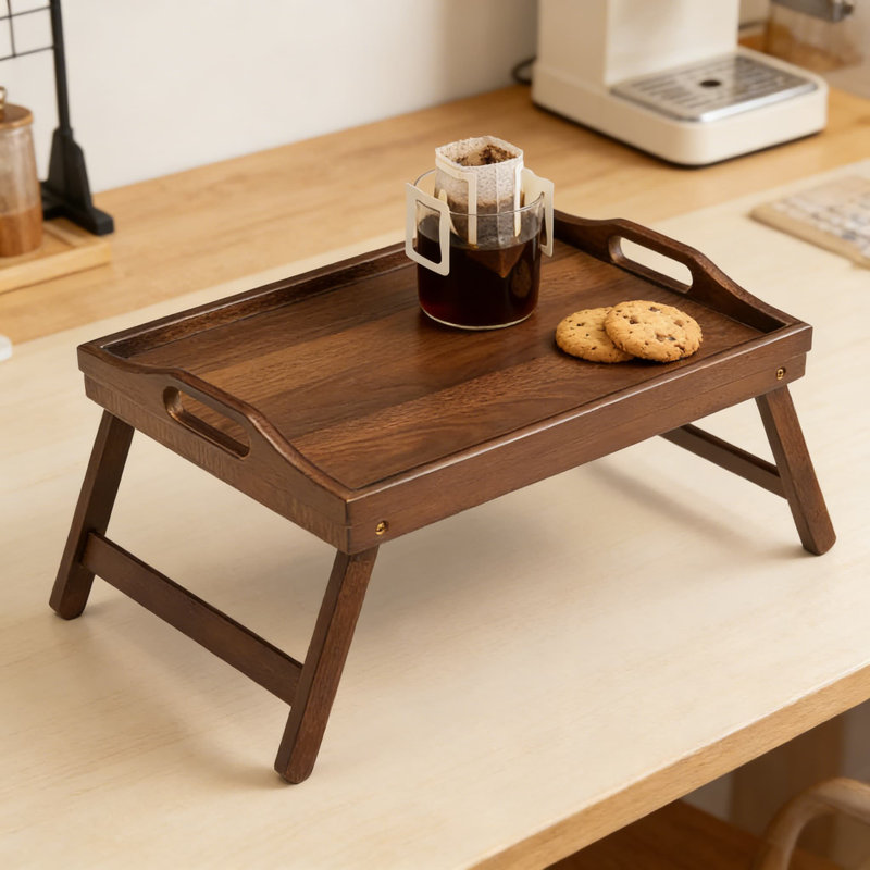 Table de lit en bambou avec pieds pliables, paquet de 2 multi-surfaces avec poignées et support pour téléphone pour le petit déjeuner, ordinateur portable, lecture