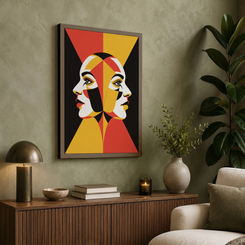 Dual Heads in Balance Art Deco 1 Piece Wrapped Canvas Wall Art, 18x12 - 45.7 x 30.5 cm, Cream Border