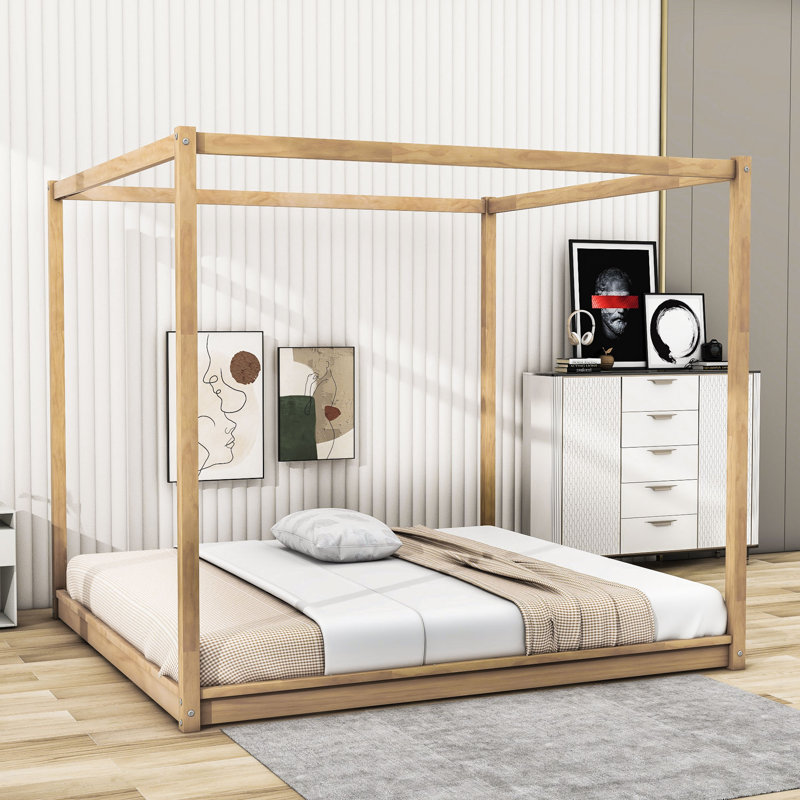 Plainville King Size Wood Canopy Bed with Slats, Natural