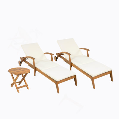 OUTDOOR RECLINER SIDE TABLE SET - COMES WITH 2 INCH CUSHION AND ADJUSTABLE BACKREST CHAISE LOUNGE WITH WHEEL & FOLDABLE AND ADJUSTABLE ACACIA WOOD SIDE TABLE FOR POOLSIDE PORCH