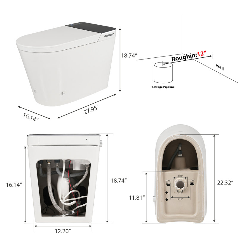 Toilette intelligente avec bidet, fonction d'ouverture et de fermeture automatique, siège chauffant, séchage à l'eau chaude, capteur de pied, modes de lavage de la fontaine, température réglable, mémoire de bouton du côté de la sécheuse, céramique automatique de haute qualité