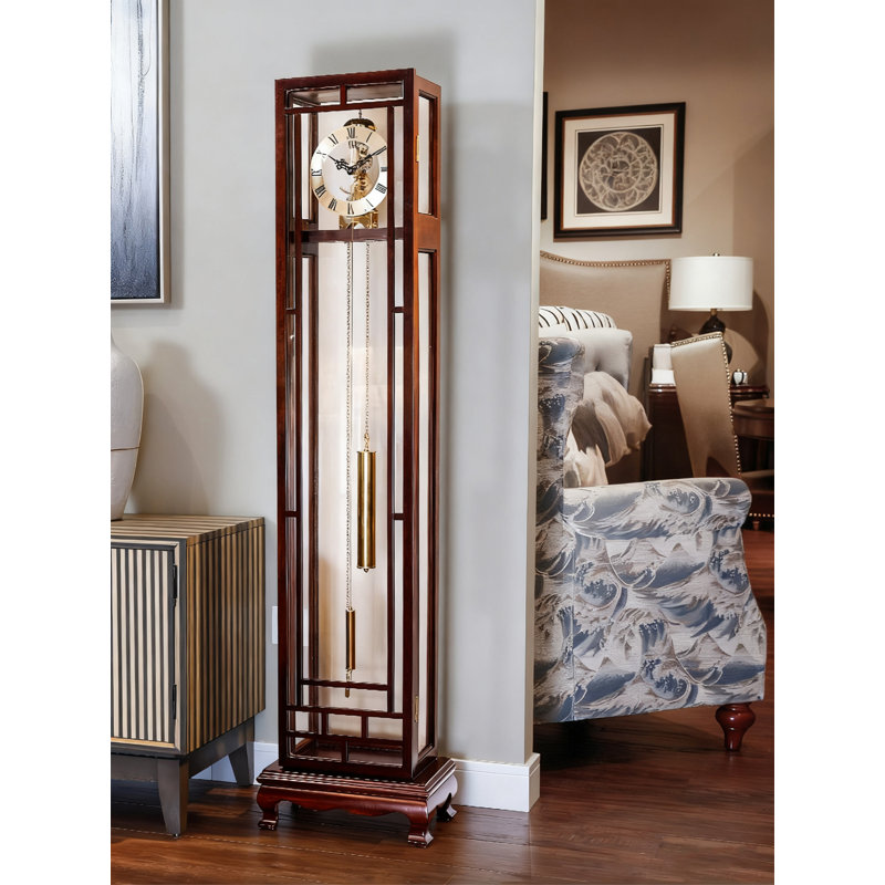 Horloge de plancher en bois massif à mouvement squelette transparent
