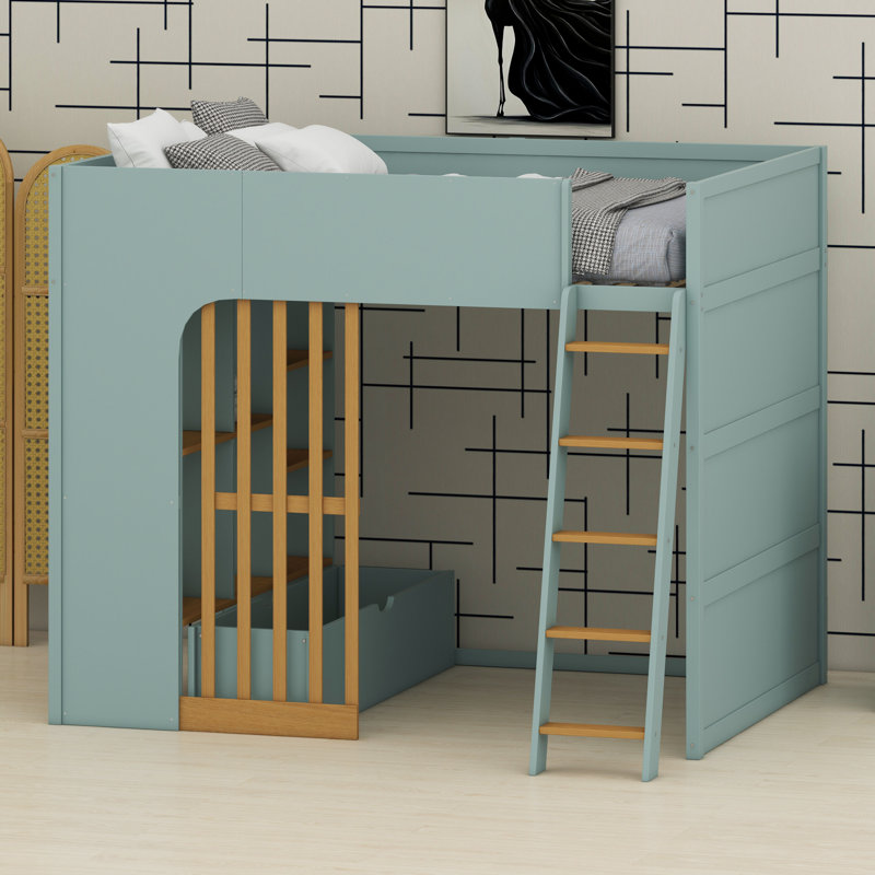 Lit mezzanine avec échelle, tablettes de rangement et tablettes ouvertes, Mint Green + Natural Oak