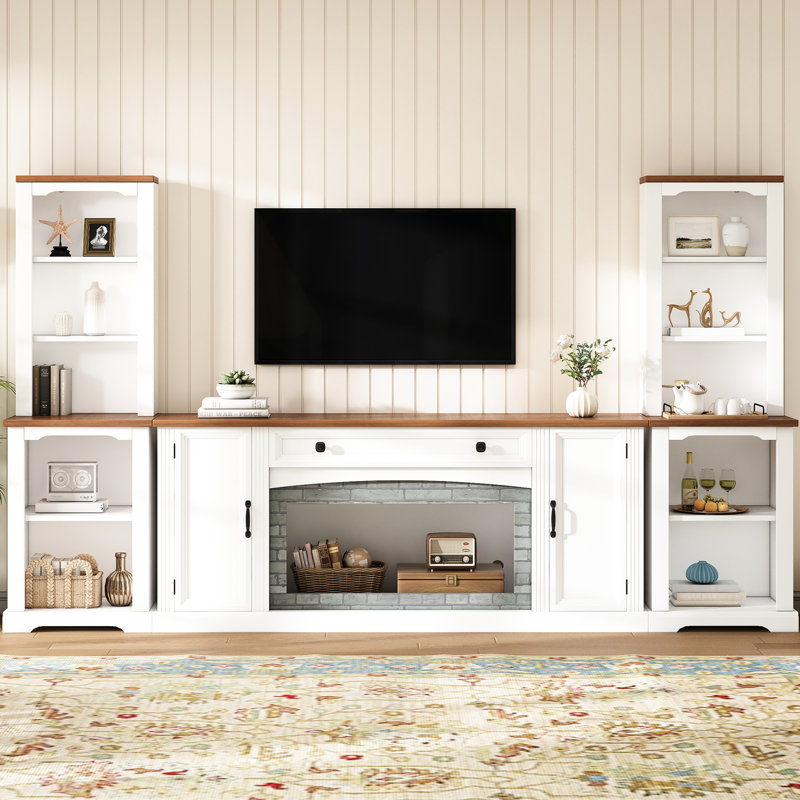Meuble télé 3 pièces, base blanche et placage de noyer, armoires latérales courbées pour le salon, Blanc, Non