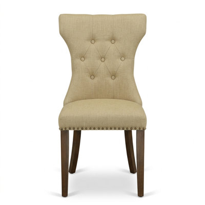 Acacia Walnut Brown Rubberwood Linen Fabric Round 3 Piece Pedestal Button Tufted Back Dining Table Set